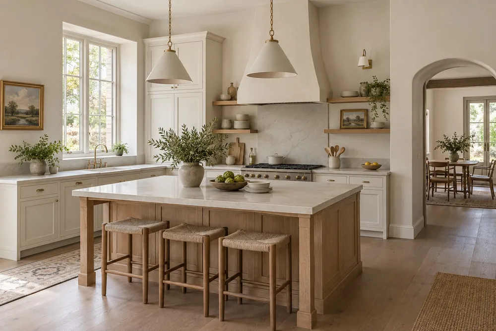 Kitchen with natural materials and considered lighting